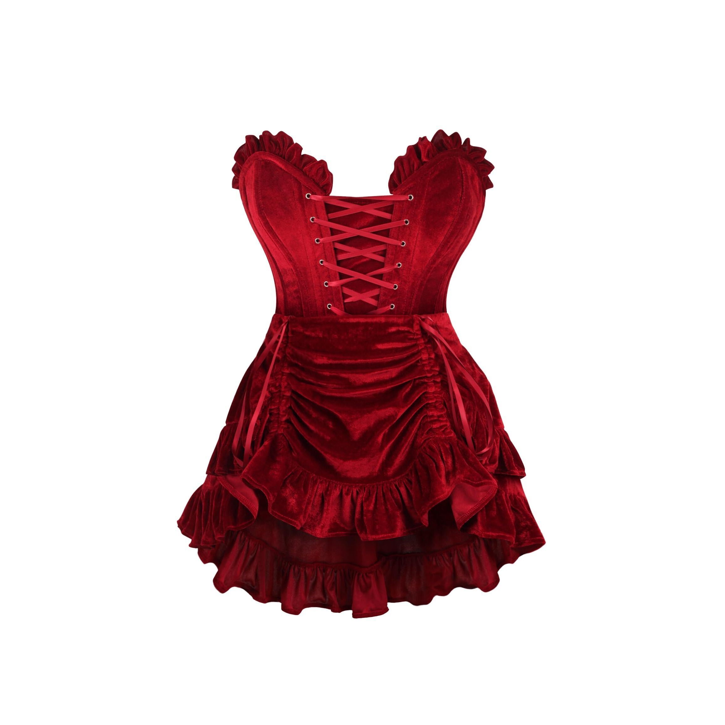 2133 Top Drawer 2 Pc Dark Red Velvet Lace-Up Corset & Skirt Set - Luxury
